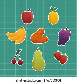 Set Tropical Fruits Sticker Cartoon Illustration