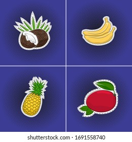 Set of tropical fruits sticker on a purple violet pop art halftone background, coconut and banana, pineapple and mango, pins or patches, retro style, vector illustration