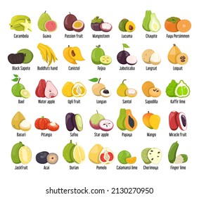 Set of tropical fruits vector isolated. Collection of exotic berries and fruits. Mango, papaya, passion fruit and feijoa. Sweet colorful food.