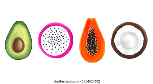 Set of tropical fruits. Vector Papaya, dragon fruits, Pitaya or Pitahaya, coconut and avocado illustrations isolated on white background