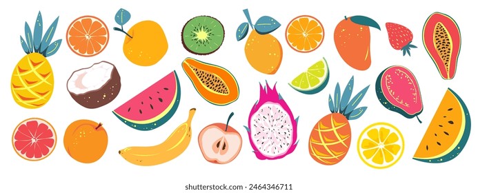 Set of tropical fruits. Watermelon, banana, pineapple, etc. Vector illustration of exotic fruits on a white background.