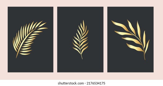 Set Of Tropical Gold Leaves. Outline Palm Leaf And Olive Branch In A Modern Minimalist Style. Vector Illustration. Web Design, Beauty Salons, Posters, Creating A Logo And Other