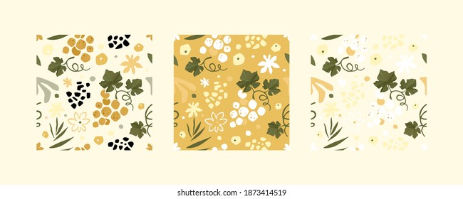 Set of tropical grape patterns. Vector backgrounds in mustard colors with grapes and leaves. Transparent colored and white options.