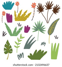 Set tropical grass bush leaf Doodle illustration safari tropical exotic nature flora Hand drawn nursery baby scandinavian style, kids clipart naive art