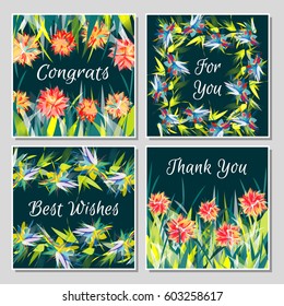 Set of tropical greeting cards with beautiful exotic flowers placed in grass or twisted into frames. Bright multicolored flowers and leaves on dark green background. Universal congratulation card set.