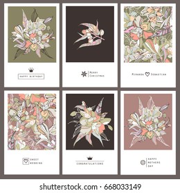 Set of tropical greeting flyers with lilies.