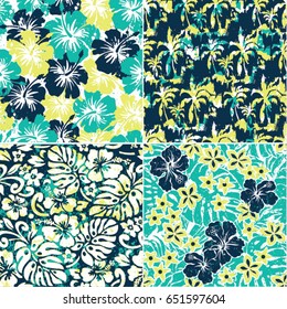 Set of tropical grunge flowers vector seamless patterns  