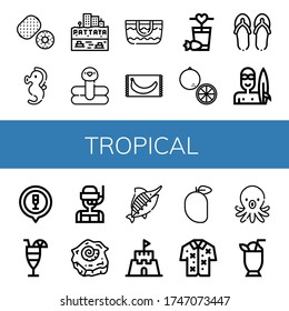 Set of tropical icons. Such as Kiwi, Seahorse, Pattaya, Flamingo, Beach bag, Banana, Cocktail, Orange, Flip flops, Surfer, Dive, Shell, Marlin, Sand castle, Mango , tropical icons