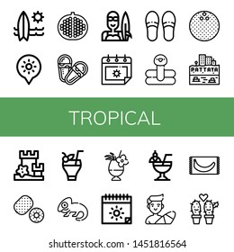Set of tropical icons such as Surfboard, Holidays, Pomegranate, Sandals, Surfer, Summer, Slippers, Flamingo, Coconut, Pattaya, Sand castle, Kiwi, Cocktail, Chameleon