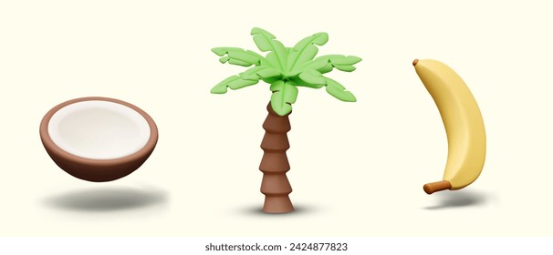 Set of tropical illustrations. 3D half of coconut, palm tree, banana