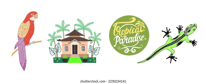 set of tropical island bali elements - parrot, traditional house and lizard