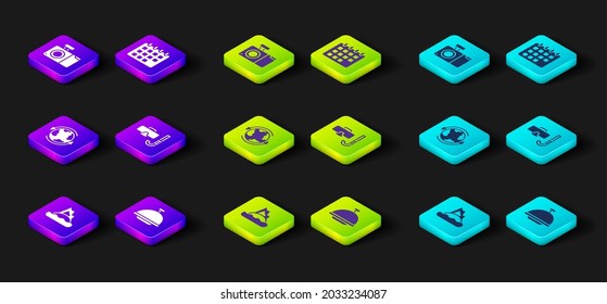 Set Tropical island in ocean, Covered with tray, Worldwide, Diving mask snorkel, Calendar and Photo camera icon. Vector
