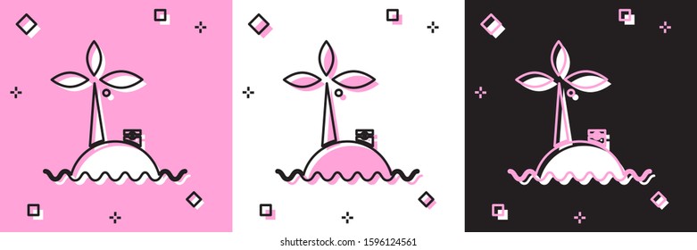 Set Tropical island in ocean icon isolated on pink and white, black background. Landscape with ocean and palm trees. Travel.  Vector Illustration