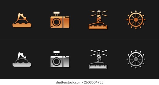 Set Tropical island in ocean, Photo camera, Lighthouse and Ship steering wheel icon. Vector