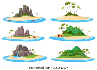 Set Tropical island in the ocean sea. Exotic natural landscape. Summer vacation. Vector illustration