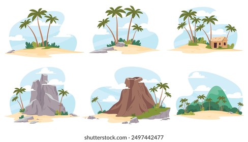 Set Tropical island in the ocean sea. Exotic natural landscape. Summer vacation. Vector illustration