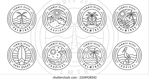 set of tropical island and palm tree logo line art vector illustration template icon graphic design. bundle collection of various paradise icon with typography circle badge 