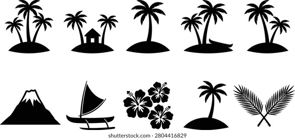 A set of tropical island silhouettes including palm trees, a beach hut, volcano, outrigger canoe, and hibiscus flowers isolated on white.