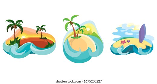 Set of tropical islands in ocean. Vector illustrations in cartoon style.