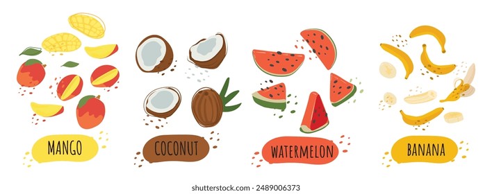 Conjunto de frutas tropicales jugosas con inscripciones y puntos. Coco, mango, sandía y plátano sobre un fondo blanco. Para pegatinas, embalaje, logotipo. Gráficos de Vector sencillos en estilo plano.