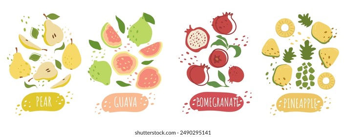 Set of tropical juicy fruits with inscriptions and dots. Guava, Pomegranate, Pear, Pineapple on a white background. For stickers, packaging, logo. Simple vector graphics in flat style.