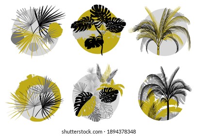 A SET of tropical labels in circles for textiles and creating logos with palm trees and tropical leaves monstera in monochrome colors