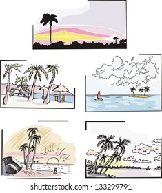 Set of tropical landscapes. Color vector sketches.