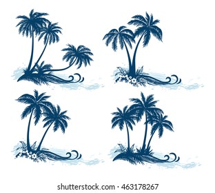 Set Tropical Landscapes, Palm Trees, Flowers and Grass Silhouettes and Sea Waves, Isolated on White Background. Vector