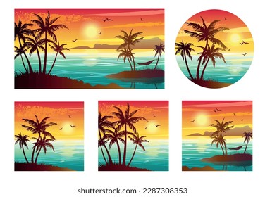 Set of tropical landscapes with sea, sunset and palm trees. Abstract landscape. Tropical paradise island. Vector illustration.