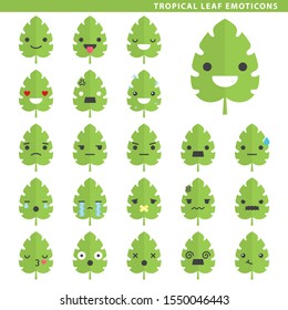 Set of tropical leaf emoticons with different faces and expressions.
