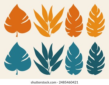 Set of Tropical Leaf Illustrations in Bright Modern Minimalist Style