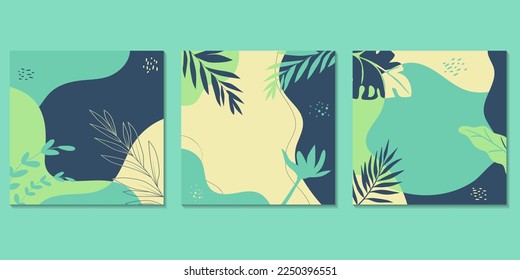 set of tropical leaf modern backgrounds with flat cartoon abstract fluid decoration