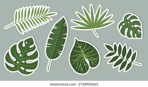 Set von Tropenblattaufklebern in verschiedenen Formen. Grünes exotisches Dschungelblau