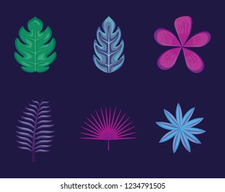 set of tropical leafs and flowers