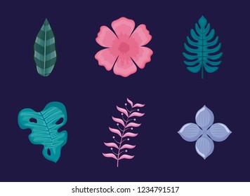 set of tropical leafs and flowers