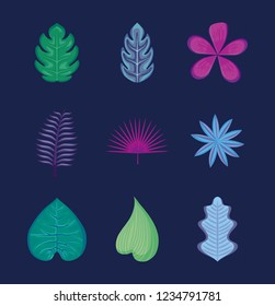 set of tropical leafs and flowers