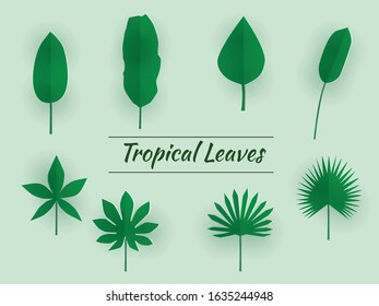 Set of tropical leafs. Paper cut trendy craft style. Design for Advertising, Branding Greeting Card, Cover, Poster, Banner. Vector Illustration.
