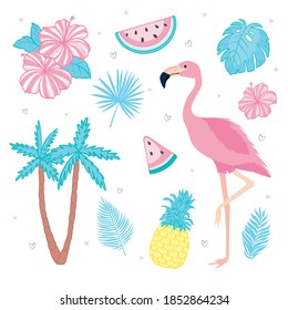 Set of tropical leaves, cute summer icons, watermelon bird Flamingo, tropical flowers and pineapple