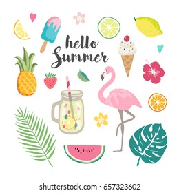 Set of tropical leaves, cute summer icons, ice cream, flamingo bird and tropical flowers