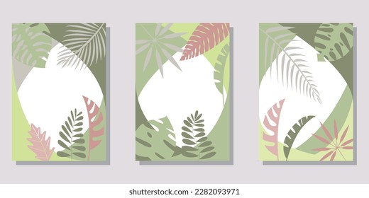 Set of tropical leaves decoration frame. Summer tropical concept cover design collection. Summer botanical template. vector illustration.