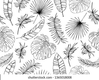 Set of tropical leaves. Drawing sketches of leaves. Vector illustration. Seamless pattern.