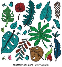 Set of tropical leaves element design. tropical green popular element