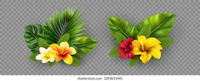Set of tropical leaves with exotic flowers. Summer floral concept in realistic style. Vector illustration.