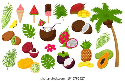 Set of tropical leaves and exotic fruits. Palm tree with coconut and ice cream, cocktail. Decorative elements in a flat cartoon style for summer, vacation, party. Isolated on a white background
