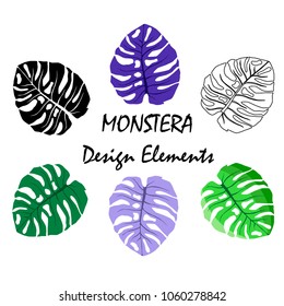 set tropical leaves flat style  multicolored, plants design elements, vector illustration, black, lilac, purple colors, text