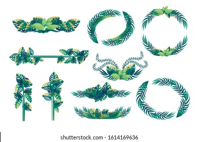 Set of tropical leaves floral design frame concept flat vector illustration on white background