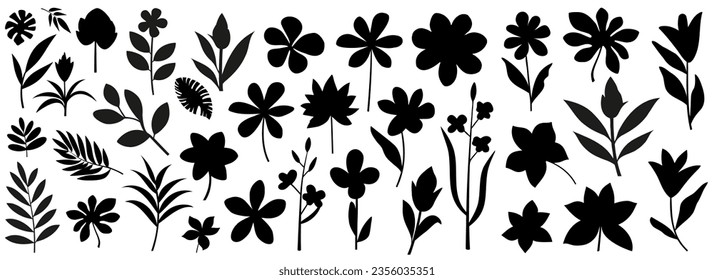 Eine Reihe tropischer Blätter und blumengeschmückter Silhouette. Dschungelpflanze, exotische Blumen. Abstrakter Satz mit tropischen Elementen einzeln auf weißem Hintergrund. Vektorgrafik