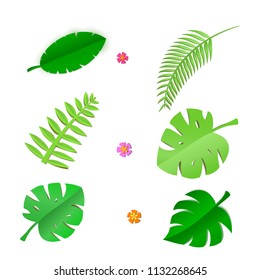 Set of tropical leaves and flowers in trandy paper cut style. Craft summer jungle plants on white background for package design, T-shirt printing. Vector card illustration in papercutting art style