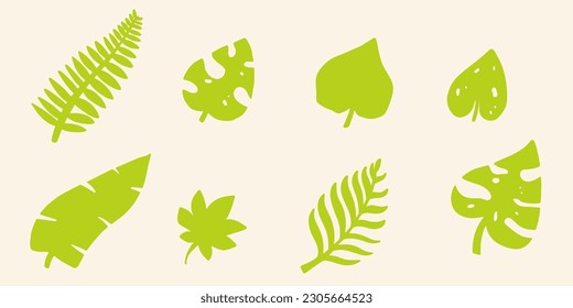 set of tropical leaves handdrawn doodle kid drawing. bold element. isolated images. eps 10