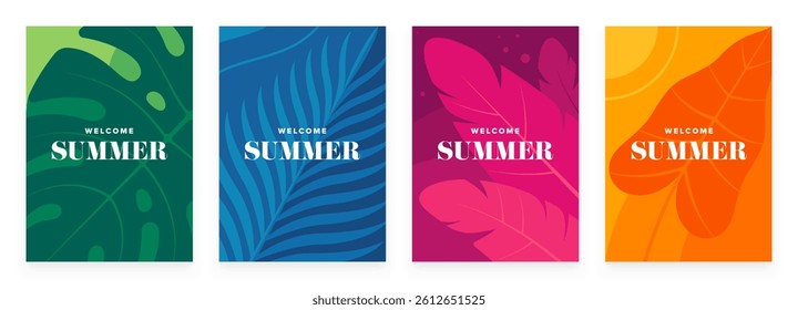 Set of tropical leaves illustrations in green, blue, pink and yellow. Vacation, beach, and summer season designs great for card, postcard, invitation, poster, cover, flyer, banner, or social media